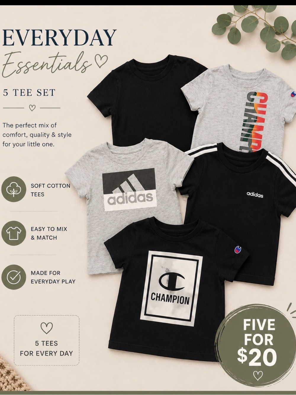 2 adidas , 2 champion and 1 Black Cat and Jack Kids Tee Set - Logo Styles